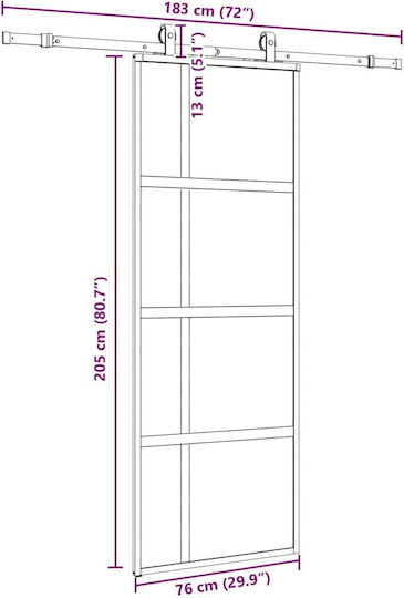 Schiebetürbeschlag-Set Schwarz 76x205 cm Gehärtetes Glas Schwarz 76 x 205 cm Schiene 183 cm