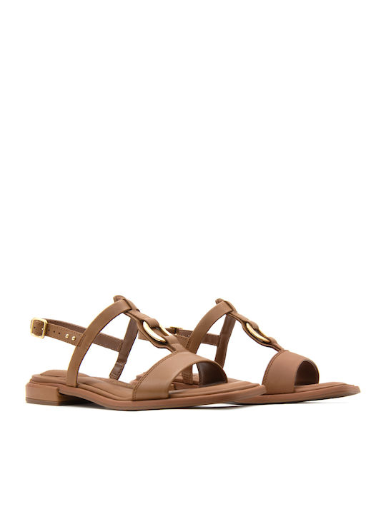 Ariany Leather Women's Flat Sandals with Strap in Tabac Brown Color