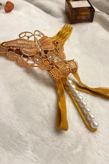 Zizo Women's Thong with Special Openings & White Pearls Butterfly Mustard Mustard