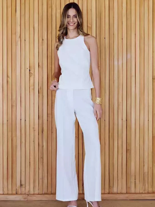 Women's High-waisted Fabric Trousers Flared Regular Fit White