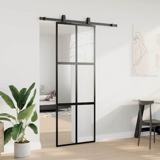 Vidaxl Συρόμενη Πόρτα Σετ Υλικού Μαύρο 76x205 Cm Γυαλί Μετριασμένο Μαύρο