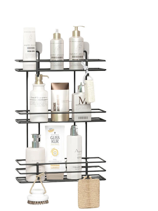Femmit Wall-Mounted Metal Adhesive Bathroom Shelf 3 Shelves 4 Hooks 10x25x48 Cm Matte Black