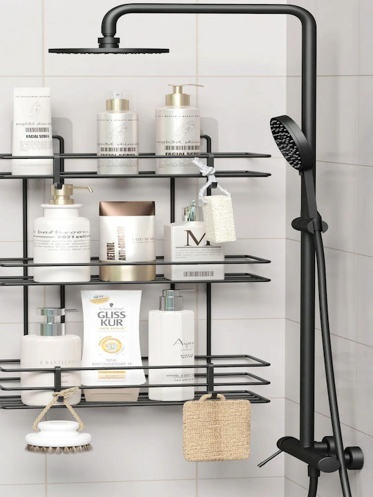 Femmit Wall-Mounted Metal Adhesive Bathroom Shelf 3 Shelves 4 Hooks 10x25x48 Cm Matte Black