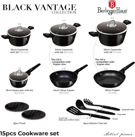 Berlinger Haus Σετ Μαγειρικά Σκεύη από Αλουμίνιο Black Vantage με Αντικολλητική Επίστρωση 6τμχ