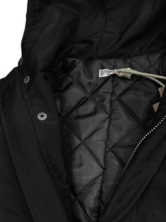 Langer Kinderparka mit Kapuze Schwarz