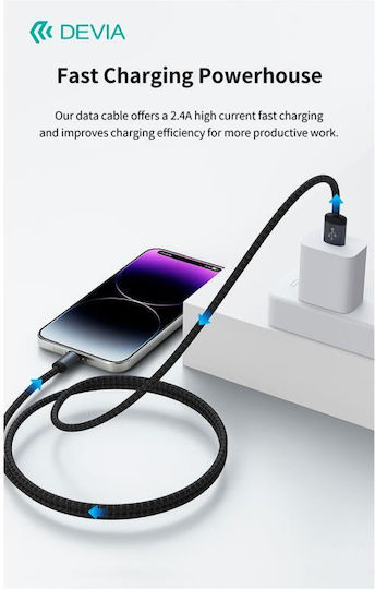 Devia Braided USB-A to Lightning Cable Μαύρο 1m