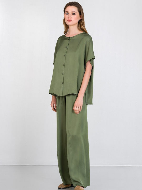 Philosophy Wear Kurzärmelig Damen Satin,σατεν Hemd Green