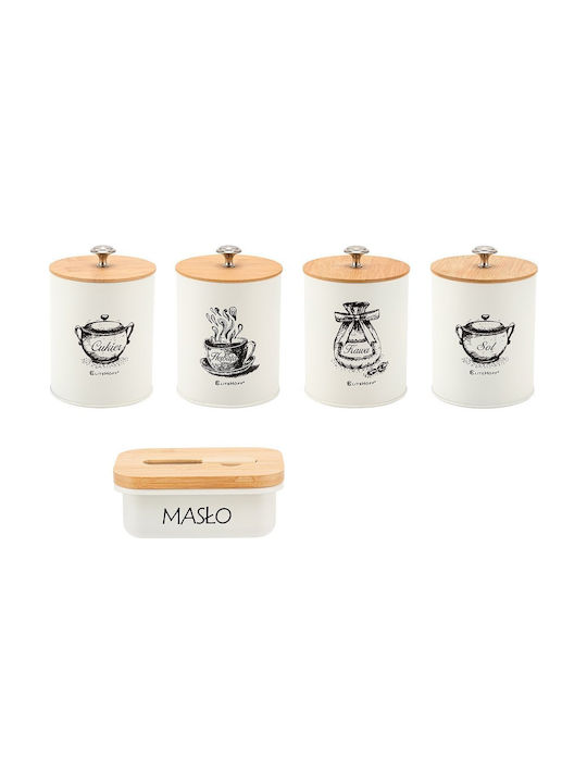 Elitehoff Set of 4 Wooden Brown Coffee Tea Sugar Jars with Lid 11x11x11cm