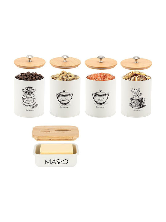 Elitehoff Set of 4 Wooden Brown Coffee Tea Sugar Jars with Lid 11x11x11cm