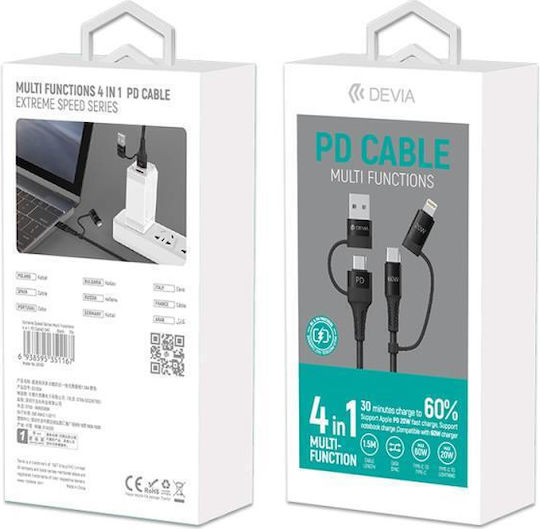 Devia Braided USB to Lightning / Type-C Cable Μαύρο 1.5m
