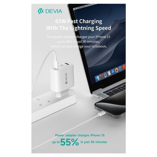 Devia Charger GaN with USB-A Port and 2 USB-C Ports and Cable USB-C - USB-C 65W Power Delivery Whites (Extreme Speed Series RCE-6505ACCL)