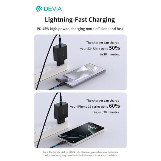 Devia Charger Without Cable with USB-C Port 45W Power Delivery Blacks (Rocket Series)