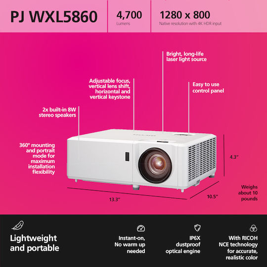 Ricoh WXL5860 432481 3D Projektor DLP HD Laser mit Eingebauten Lautsprechern Weiß