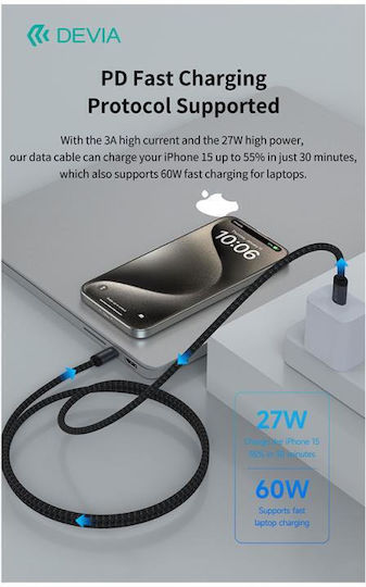 Devia USB 2.0 Cable USB-C male - USB-C 60W PD Μαύρο 1m