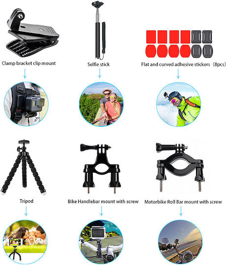 Комплект от 65 аксесоара Echopolis за екшън камери Dji Eken Gopro Insta360 Sjcam Fusion Hero 10 Hero 11 Hero 11 Mini Hero 12 Hero 2018 Hero 3 Hero 3+ Hero 4 Hero 4 Session Hero 5 Hero 5 Session Hero 6 Hero 7 Hero 8 Hero