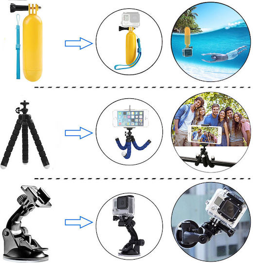 Комплект от 65 аксесоара Echopolis за екшън камери Dji Eken Gopro Insta360 Sjcam Fusion Hero 10 Hero 11 Hero 11 Mini Hero 12 Hero 2018 Hero 3 Hero 3+ Hero 4 Hero 4 Session Hero 5 Hero 5 Session Hero 6 Hero 7 Hero 8 Hero