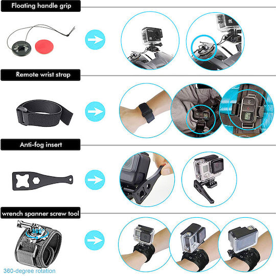 Комплект от 65 аксесоара Echopolis за екшън камери Dji Eken Gopro Insta360 Sjcam Fusion Hero 10 Hero 11 Hero 11 Mini Hero 12 Hero 2018 Hero 3 Hero 3+ Hero 4 Hero 4 Session Hero 5 Hero 5 Session Hero 6 Hero 7 Hero 8 Hero