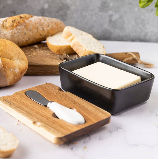 Porzellan-Butterdose mit Messer und Akazienholzdeckel Klausberg Kb-7784 Schwarz