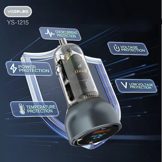 Yesplus Auto-Ladegerät 30W 2.25A Schnellladen mit Anschlüssen: 1xUSB 1xType-C zusammen mit Mikro-USB / Type-C Kabel Silber Farbe