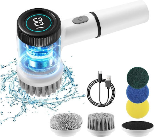 Perie electrică rotativă fără fir pentru curățenie 5 capete 3 viteze Încărcare USB Impermeabilă Afișaj digital Albă