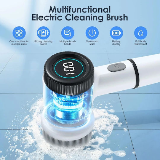 Perie electrică rotativă fără fir pentru curățenie 5 capete 3 viteze Încărcare USB Impermeabilă Afișaj digital Albă