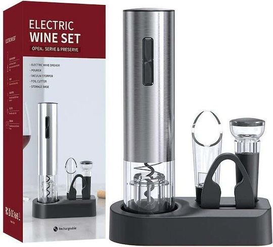 Set Deschizător Electric de Vin 5 în 1 Bază de Încărcare Aerator Tăietor de Foli Silver