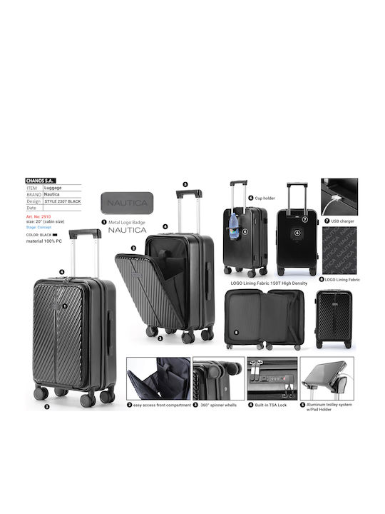 Nautica Valiză de Călătorie de Cabină Dura Neagră cu 4 Roți Înălțime 55cm