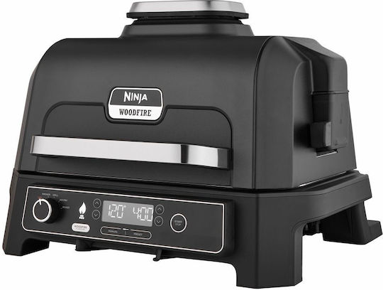 Ninja Woodfire Pro XL Открита Скара И Пушач Настолна Електрическа Скара С Релефна Плоча 2400W С Капак И Регулируем Термостат 38x28см