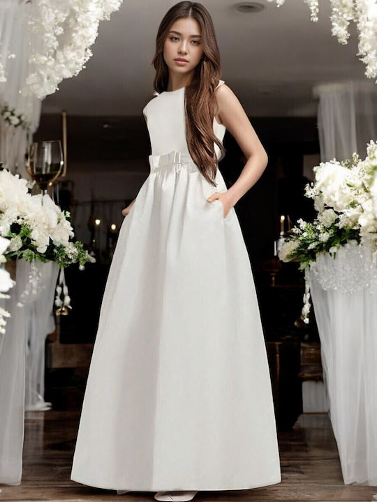 Rochie Fete Fără Mâneci Satin Pentru Domnișoarele de Onoare Florale Set Cu Accesorii Alb