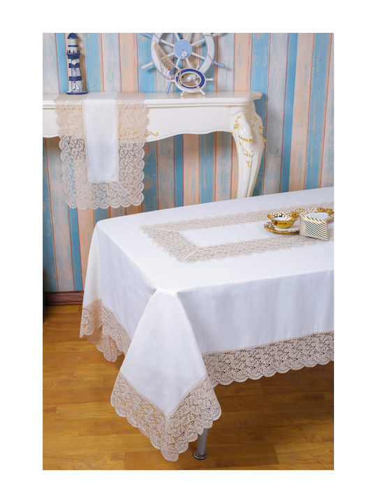 Qz1600053 Cappuccino Λινό Κέντημα Μεταξωτή Δαντέλα 60%linen 40%pol 160×220 Liolios Home