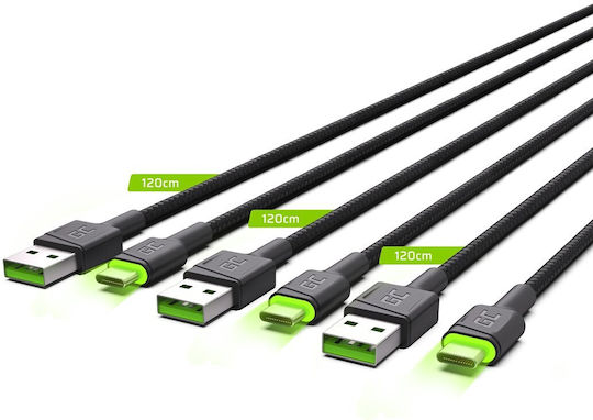 Green Cell LED USB 2.0 Kabel USB Typ-C männlich - USB-A 18W Grüne 1,2m KABGCSET02 3 Stück