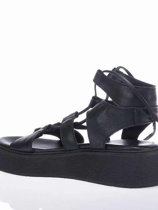 Komis & Komis Leather Women's Flat Sandals Gladiator Flatforms in Black Color