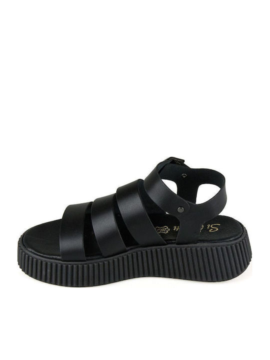 Δερμάτινα Γυναικεία Σανδάλια Flatforms Μαύρα