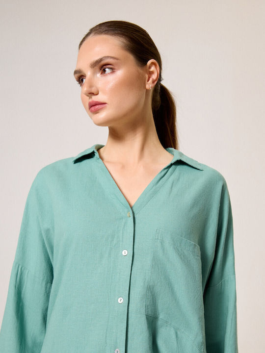 Langärmelig Damen Leinen Hemd Aqua