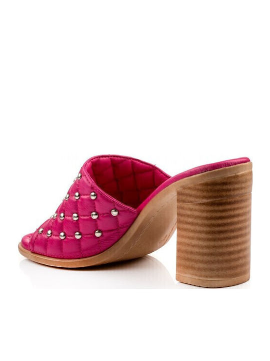 Leather Mules with Chunky Heel in Pink Color