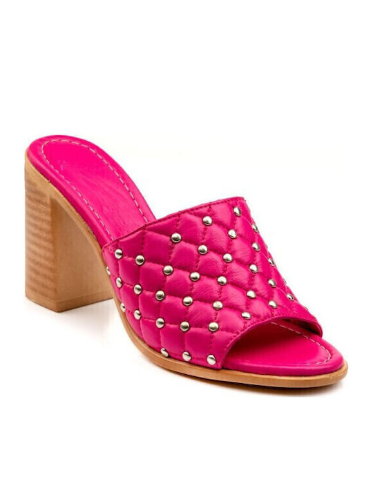 Leather Mules with Chunky Heel in Pink Color