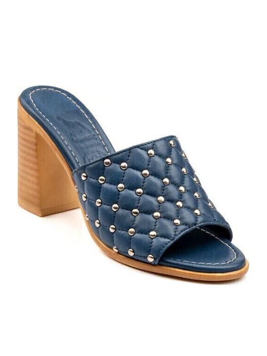 Leder Mules mit Chunky Absatz in Blau Farbe