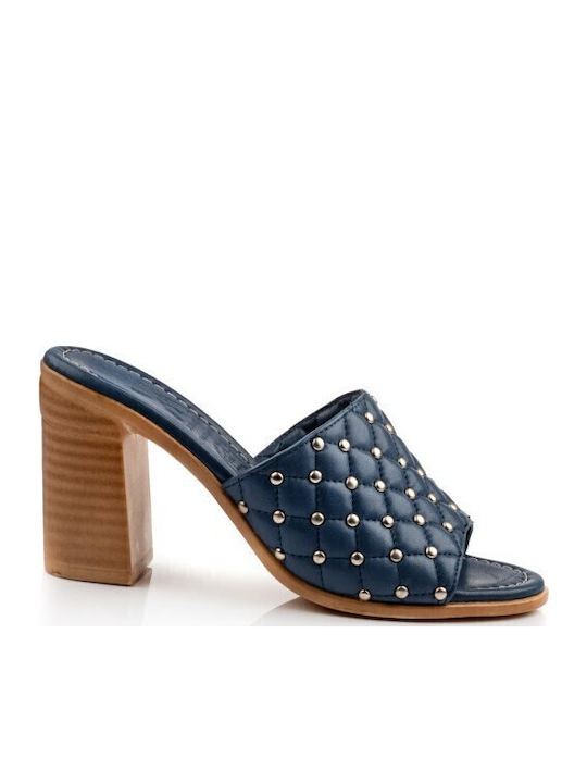 Leder Mules mit Chunky Absatz in Blau Farbe