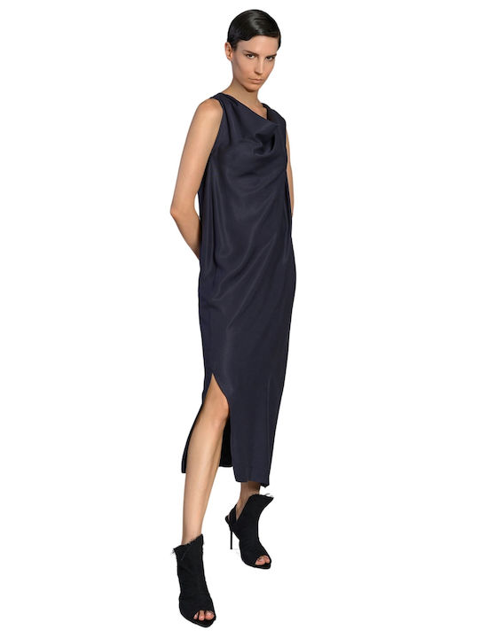 Lotus Eaters Midi Dress Draped with Slit Blue