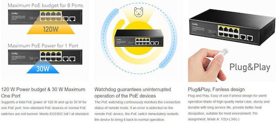 Cudy GS1010P Unmanaged L2 PoE+ Switch με 8 Θύρες Ethernet