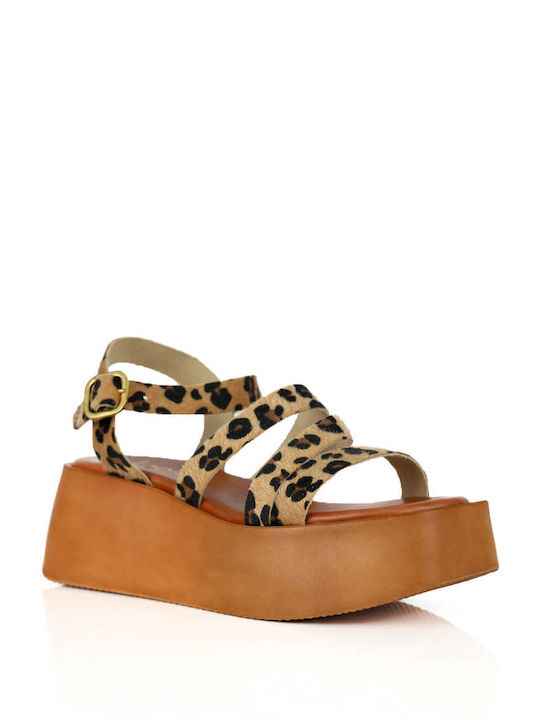 Leopard Flatforms Leather Crossed Straps