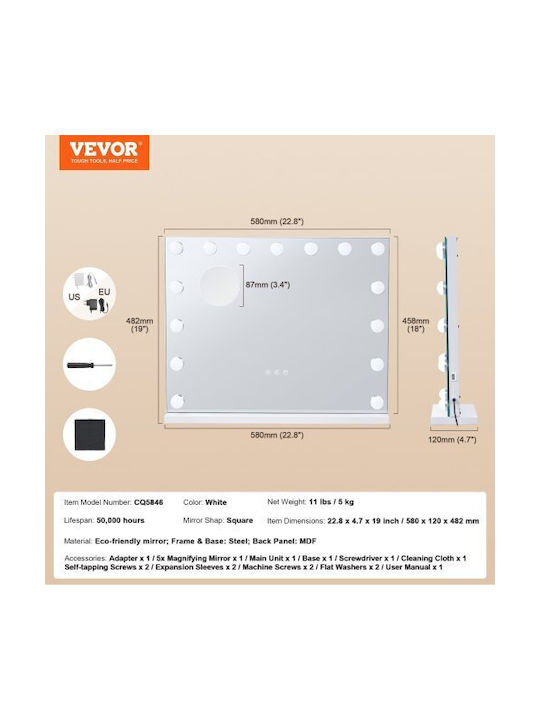Vevor Καθρέπτης Τοίχου με Λευκό Ξύλινο Πλαίσιο & LED Φωτισμό 46x57.9cm
