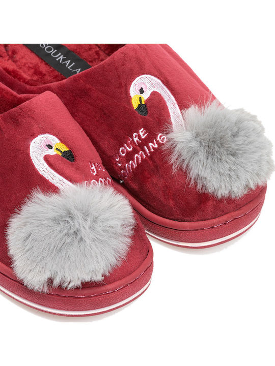 Flamingo Winter Damen Hausschuhe mit Fell Burgundisch