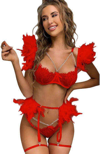 Pretty Lingerie Sexy Σετ Εσωρούχων με Δαντέλα & Ζαρτιέρες Κόκκινο