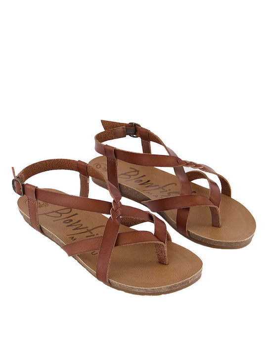 Blowfish Malibu Leather Women's Flat Sandals with Strap in Tabac Brown Color