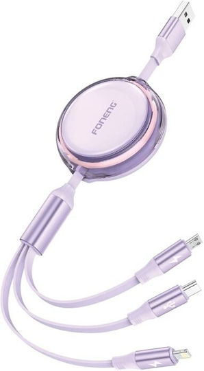 Foneng Подвижен USB към Lightning / Type-C / micro USB Кабел 2.1Спецификация Лилав 1.1м