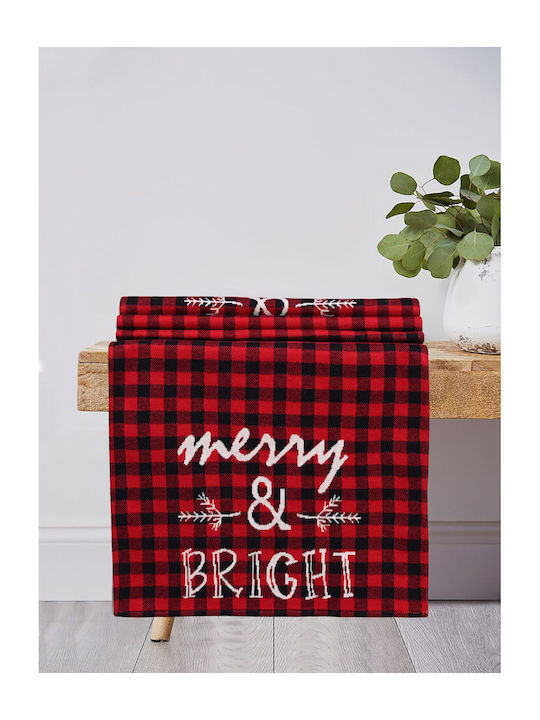 Christmas Runner Merry & Bright Red Multi 100% Cotton Knitted 45×150 Liolios Home