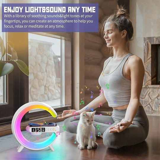 Lampă LED Inteligentă RGB Difuzor Bluetooth Încărcare 15W Ceas Mobil Mașină de Sunet 15x15x5.5cm Albă