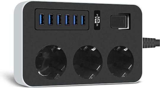 Cablu prelungitor 6 porturi USB 3 prize universale 3000W 3.1A 1.8m protecție pentru copii împământare 15.8x9.8x3.8 cm negru gri