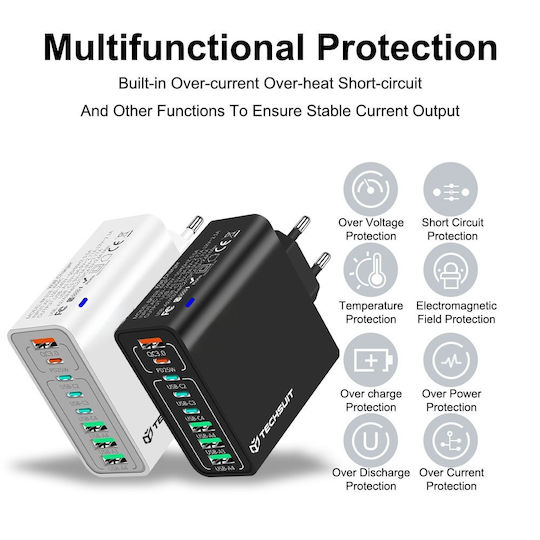 Techsuit Charger Without Cable with 4 USB-A Ports and 4 USB-C Ports 65W Power Delivery / Quick Charge 3.0 Whites (CHPD224)